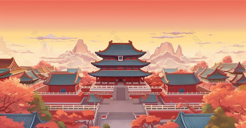 蓝色瓦红色城墙红色渐变大气国潮风插画故宫远山祥云,插画/手绘图,插画/手绘图库,插画/手绘图下载,插画/手绘